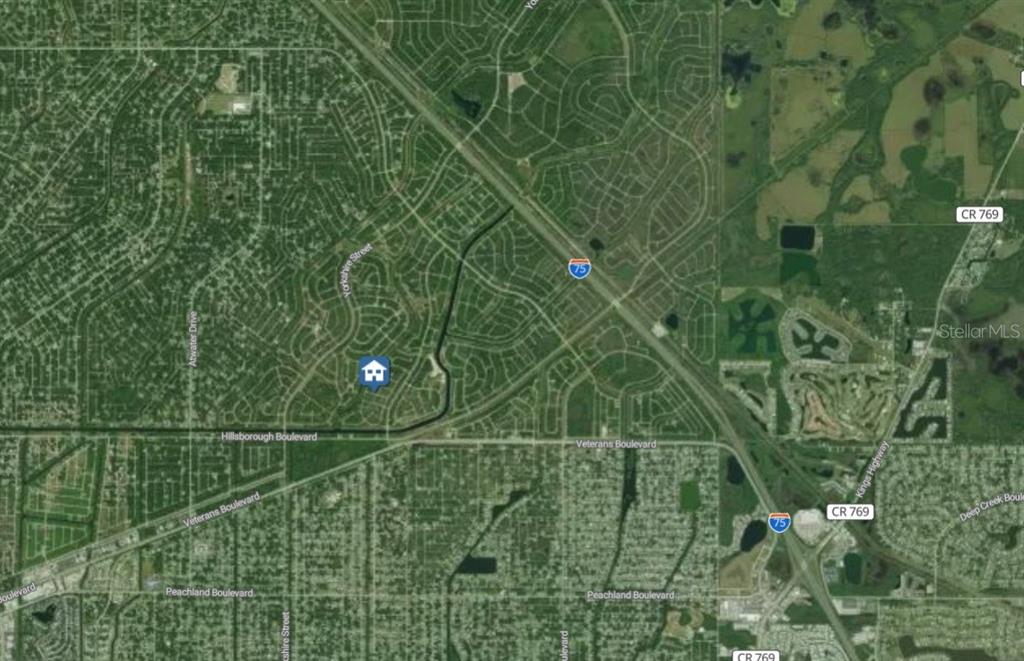 This is a satellite map view showing a residential neighborhood near Interstate 75 — Lot 14 MORRISETTE LANE, NORTH PORT, FL