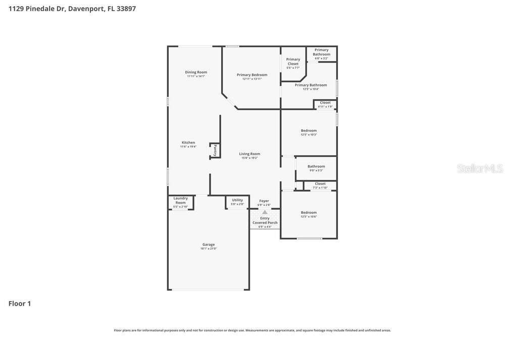 This is a floor plan showing the layout of a single-story residential home — 1129 PINEDALE DRIVE, DAVENPORT, FL