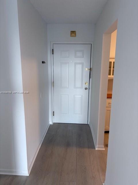 A hallway with light wood-look flooring leads to a white front door — 9460 Fontainebleau Blvd # 529, Miami FL 33172, MIAMI, FL
