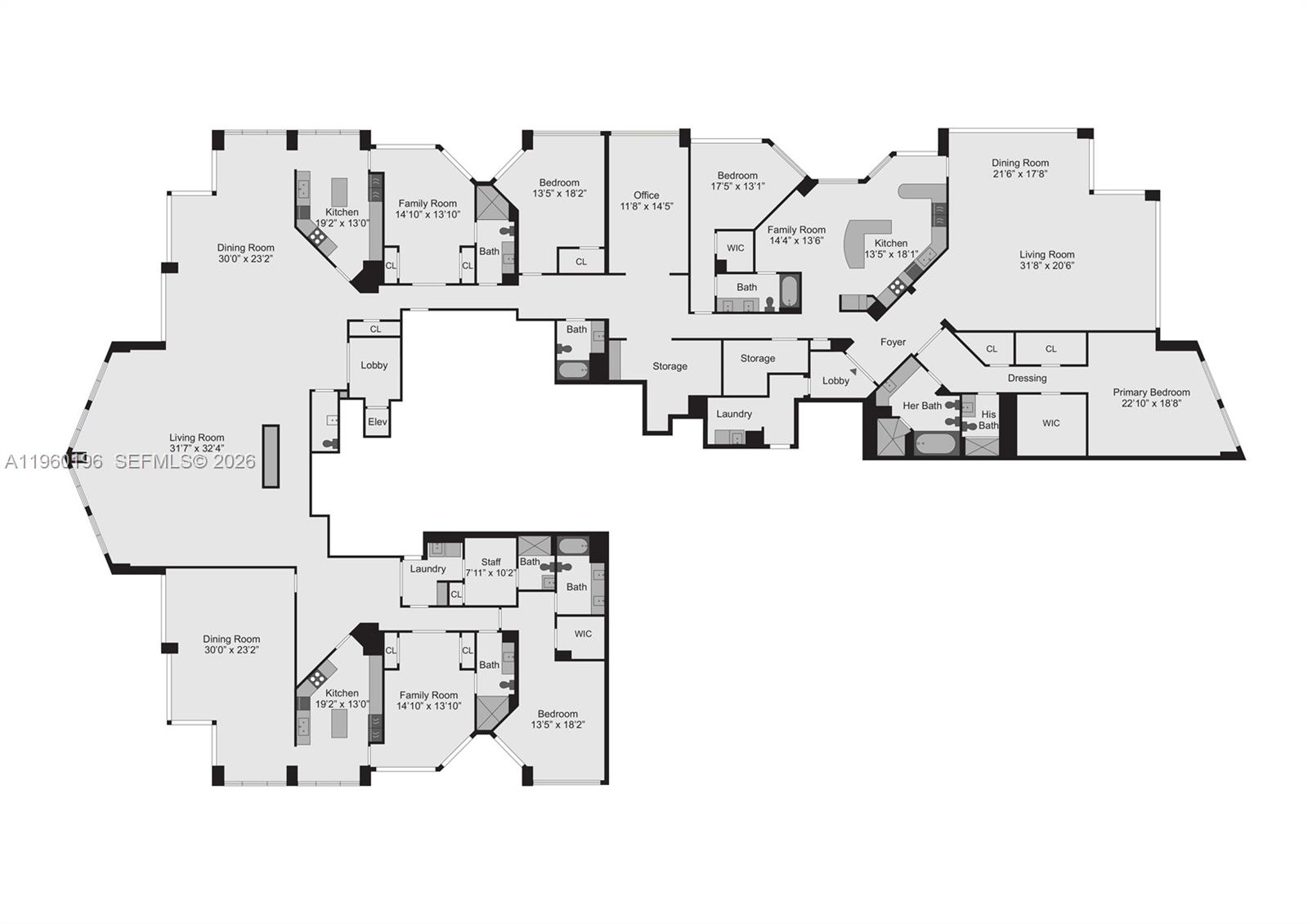 This is a floor plan of a large, multi-room residential unit with multiple kitchens — 10225 Collins Ave # 304, Bal Harbour FL 33154, BAL HARBOUR, FL
