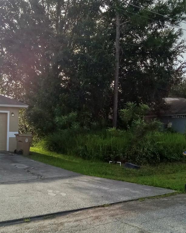 A concrete driveway leads to a house exterior with a trash bin and overgrown landscaping — MARICOPA DRIVE, KISSIMMEE, FL