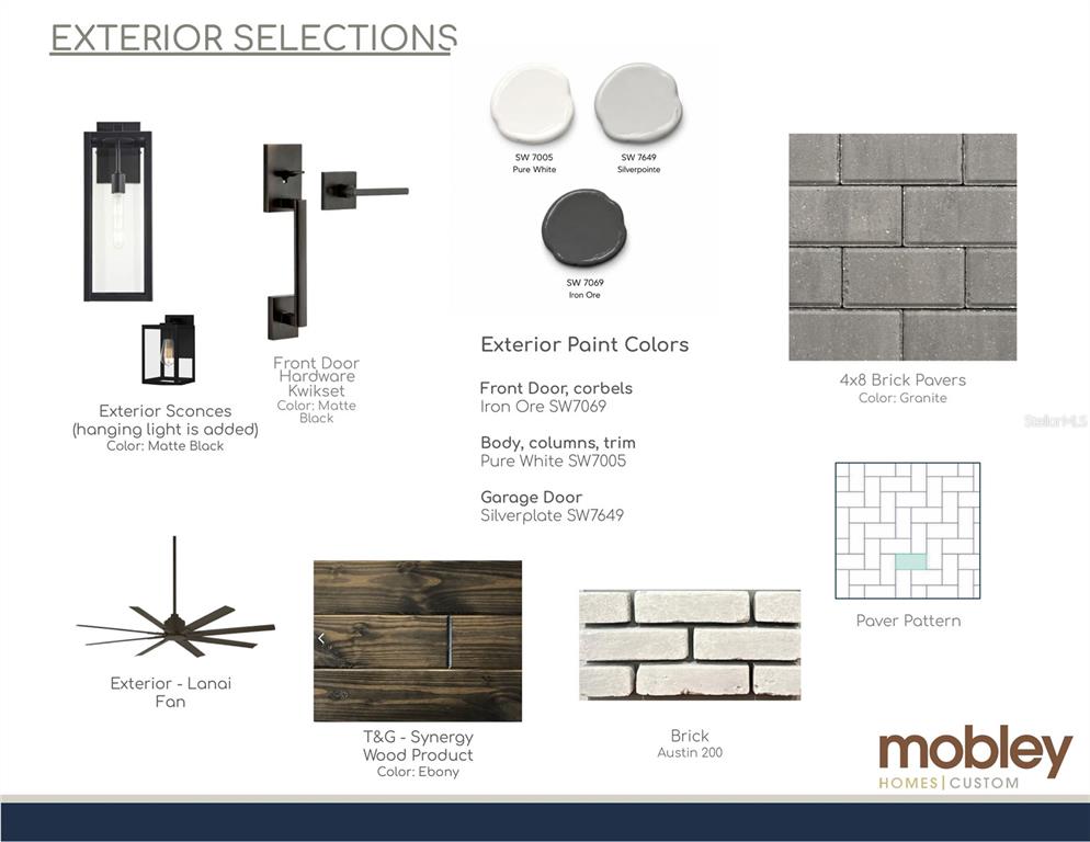 This image displays a design board for exterior home finishes, including paint, hardware, and materials — 4110 W SAN LUIS STREET, TAMPA, FL