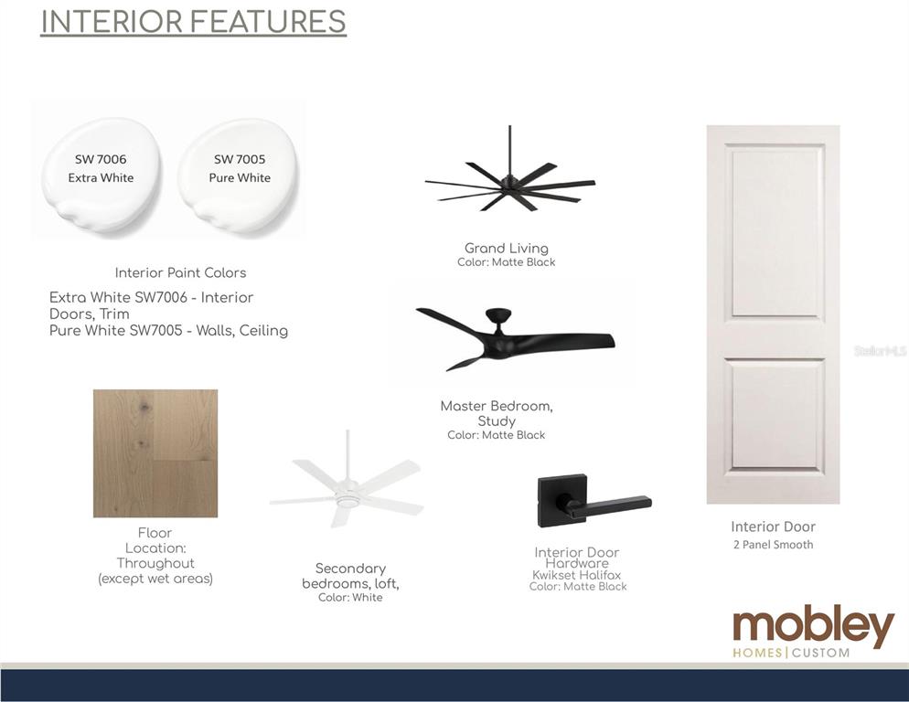 This image is a design board showing interior paint, flooring, door, and hardware selections — 4110 W SAN LUIS STREET, TAMPA, FL