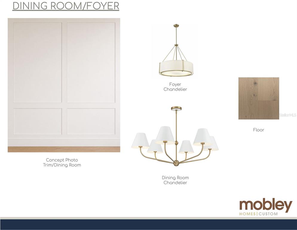 This design board displays trim, two chandeliers, and flooring samples for a dining room and foyer — 4110 W SAN LUIS STREET, TAMPA, FL