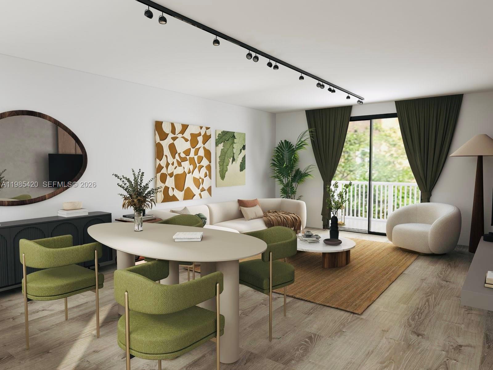 This is a rendering of a modern living and dining room with green accent furniture — 201 Jefferson Ave # 4C, Miami Beach FL 33139, MIAMI BEACH, FL