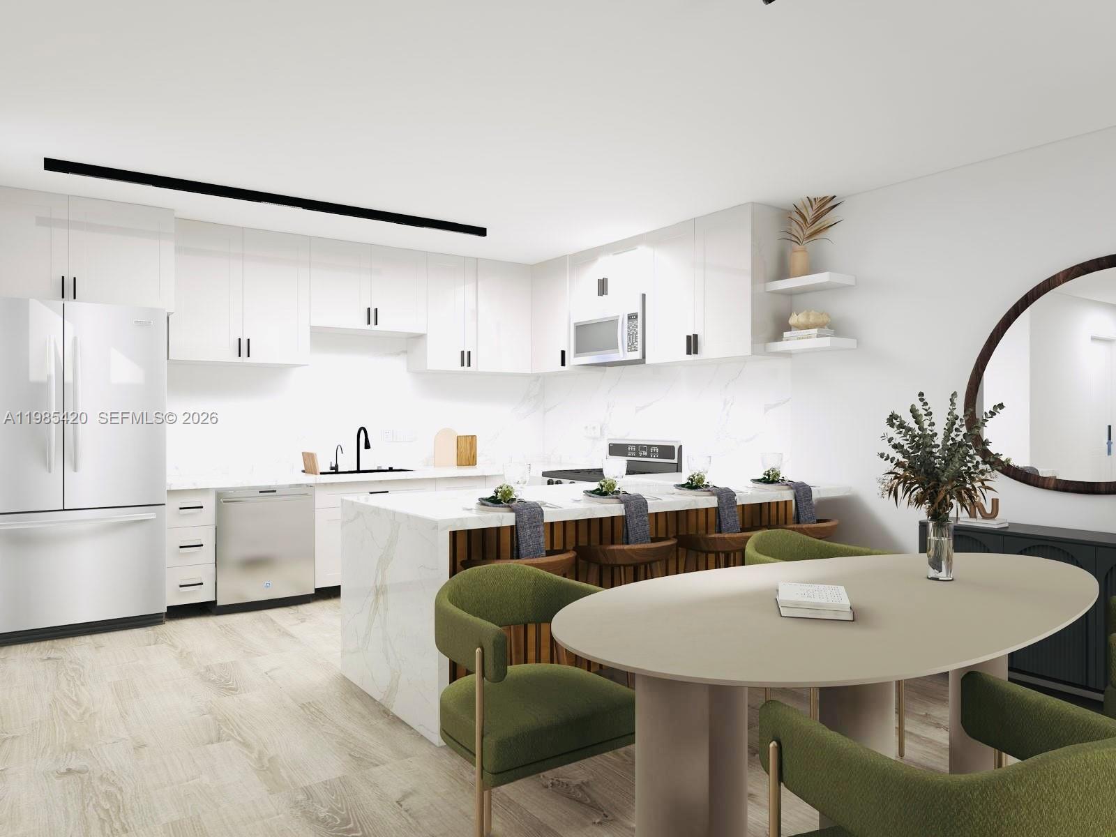 This is a rendering of a modern kitchen with white cabinetry and a marble island — 201 Jefferson Ave # 4C, Miami Beach FL 33139, MIAMI BEACH, FL