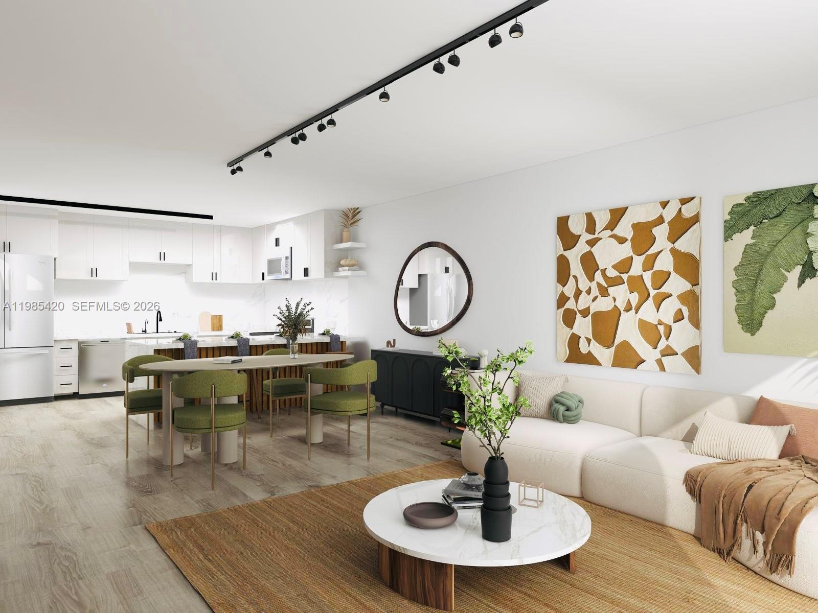 This rendering shows an open-concept kitchen and living area with modern furniture and neutral decor — 201 Jefferson Ave # 4C, Miami Beach FL 33139, MIAMI BEACH, FL