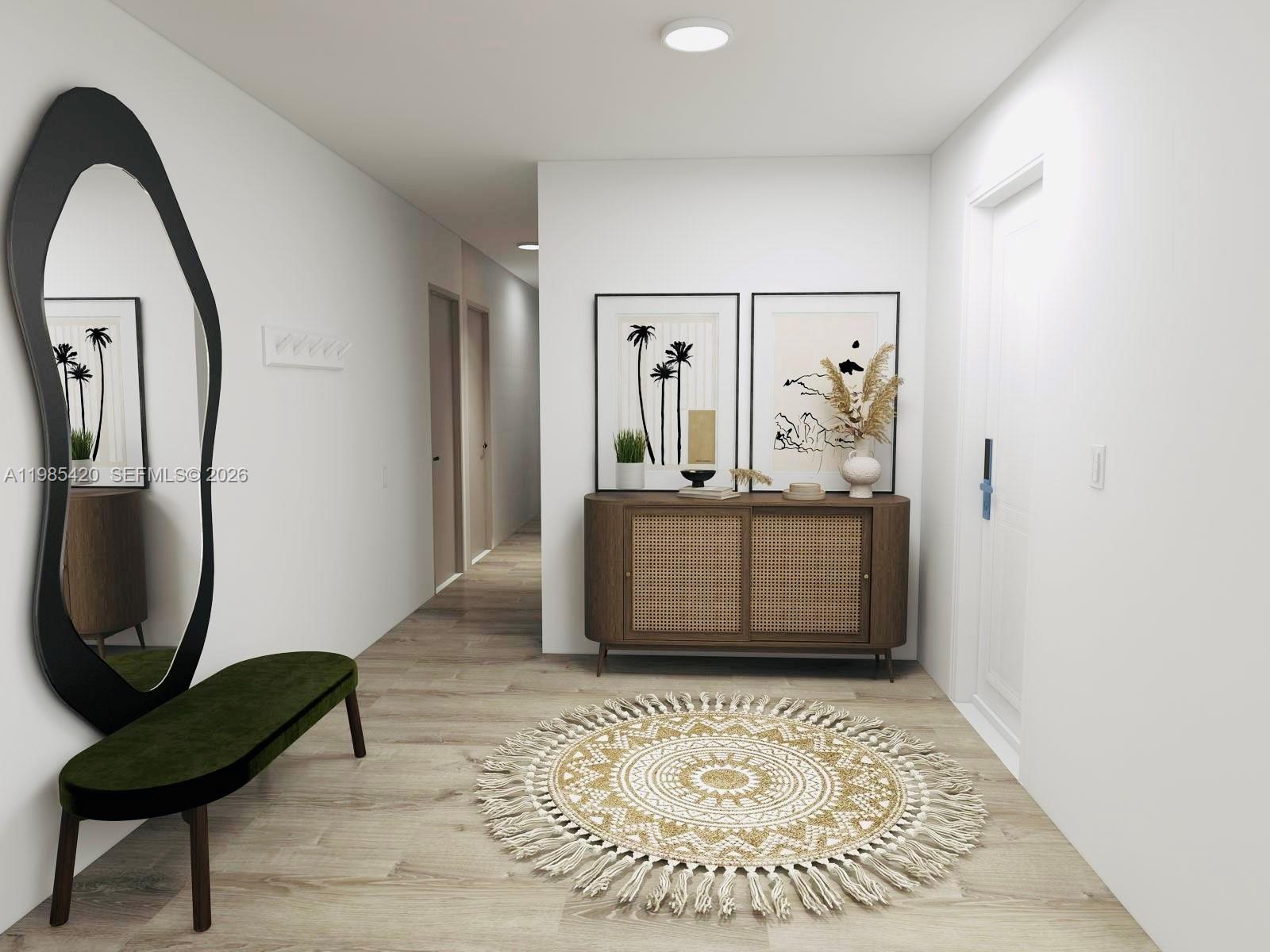 This is a digital rendering of a modern entryway featuring a mirror, bench, and console — 201 Jefferson Ave # 4C, Miami Beach FL 33139, MIAMI BEACH, FL