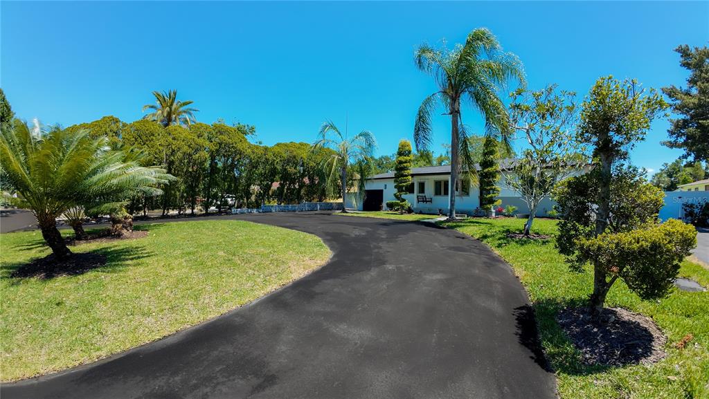 A paved driveway curves toward a single-story house surrounded by palm trees and landscaping — 936 ALCAZAR WAY S, ST PETERSBURG, FL