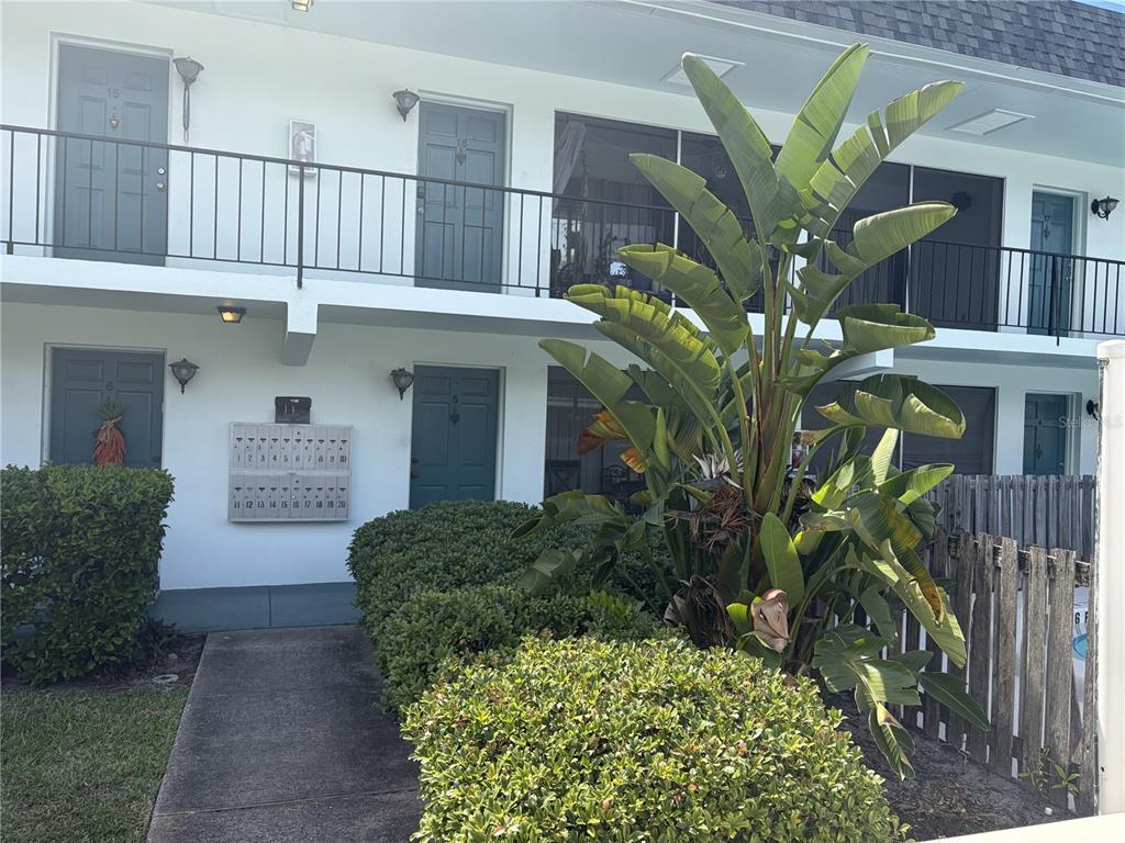 A two-story apartment building exterior features blue doors, a central mailbox unit, and large plants — 1485 LAKEVIEW ROAD UNIT 5, CLEARWATER, FL