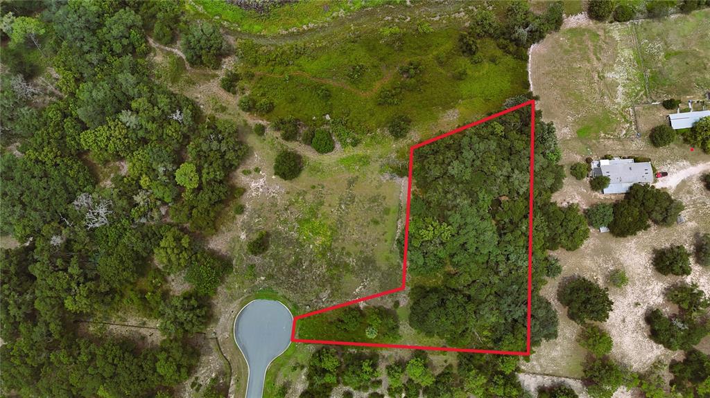 An aerial view shows a vacant, wooded lot outlined in red next to a cul-de-sac — 000 DARLINGTON AVENUE, LADY LAKE, FL