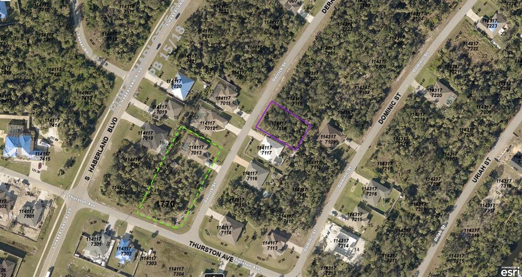 This is an aerial map showing residential properties, streets, and wooded lots — 1141177118 DERRICK STREET, NORTH PORT, FL