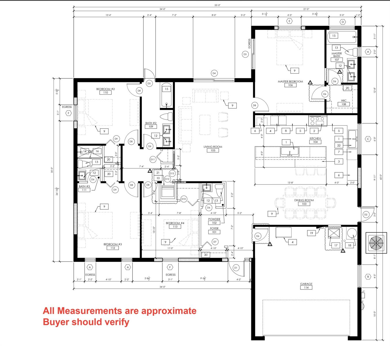 This floor plan shows a four-bedroom house layout with an open-concept kitchen, living, and dining area — 6897 Terra Tranquila Drive, Boca Raton FL 33433, BOCA RATON, FL