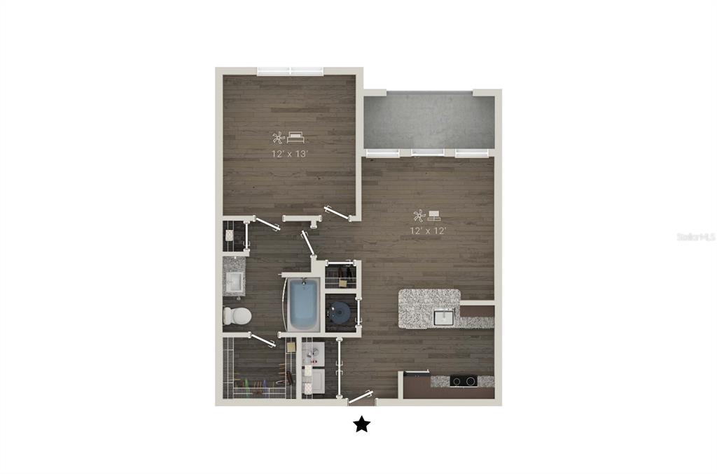 This is a floor plan rendering of a one-bedroom apartment with an open kitchen layout — 1420 LAKEFRONT DRIVE UNIT 4305, SARASOTA, FL