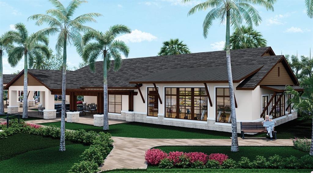 This is a rendering of a community clubhouse exterior with palm trees and a patio — 13182 CAMELOT LANE, PUNTA GORDA, FL