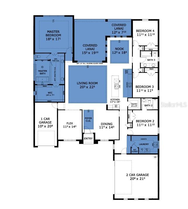 This is a floor plan for a single-story house with four bedrooms and three garages — 17 KENSINGTON STREET, ORMOND BEACH, FL
