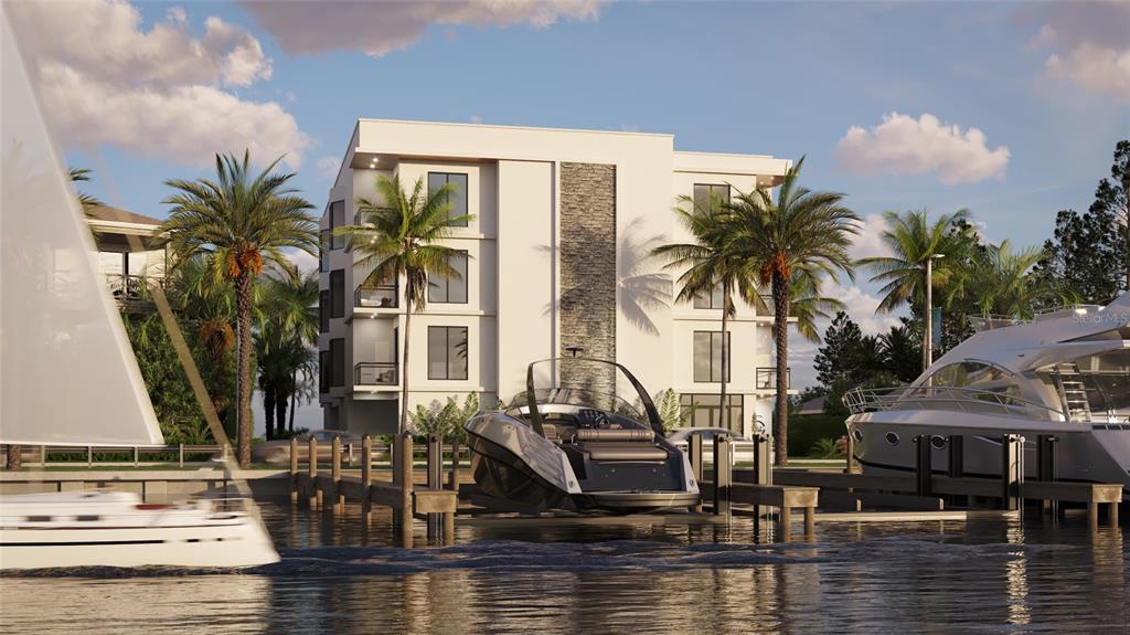 A rendering shows a modern multi-story building with balconies situated on a waterfront with boats — 16 GULF BOULEVARD UNIT 201, INDIAN ROCKS BEACH, FL