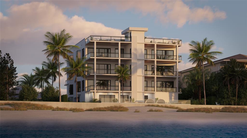 A digital rendering shows a modern four-story beachfront apartment building with balconies and palm trees — 16 GULF BOULEVARD UNIT 201, INDIAN ROCKS BEACH, FL