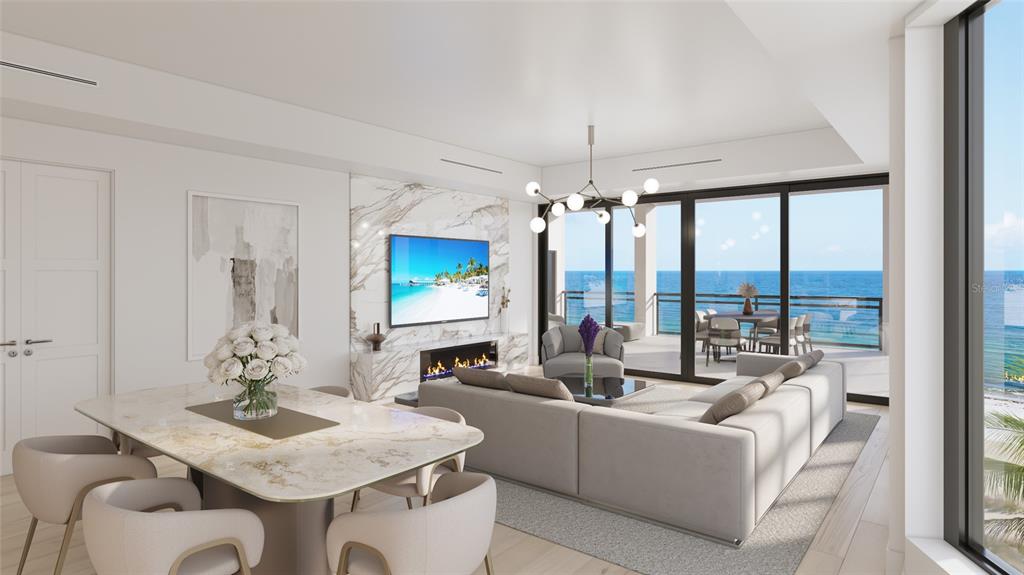 This rendering shows a modern living and dining area with marble accents and ocean views — 16 GULF BOULEVARD UNIT 201, INDIAN ROCKS BEACH, FL