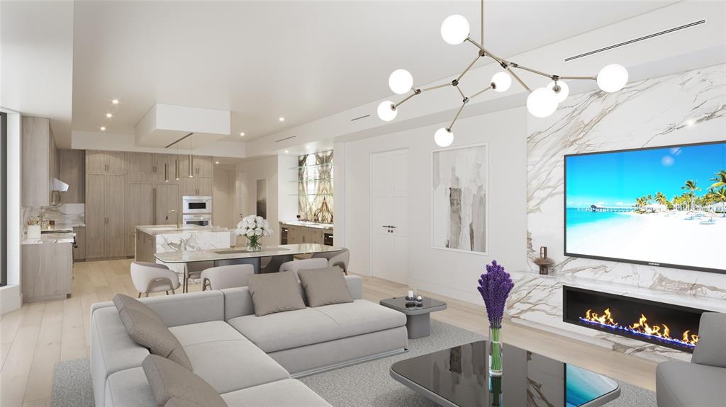 This rendering shows a modern open-concept living room and kitchen with marble accents — 16 GULF BOULEVARD UNIT 201, INDIAN ROCKS BEACH, FL