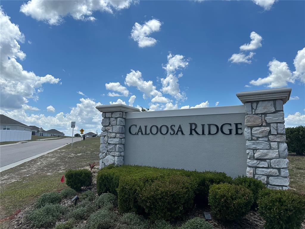 A stone-accented monument sign displays the name Caloosa Ridge beside a residential street — 1116 CALOOSA RIDGE WAY, BABSON PARK, FL