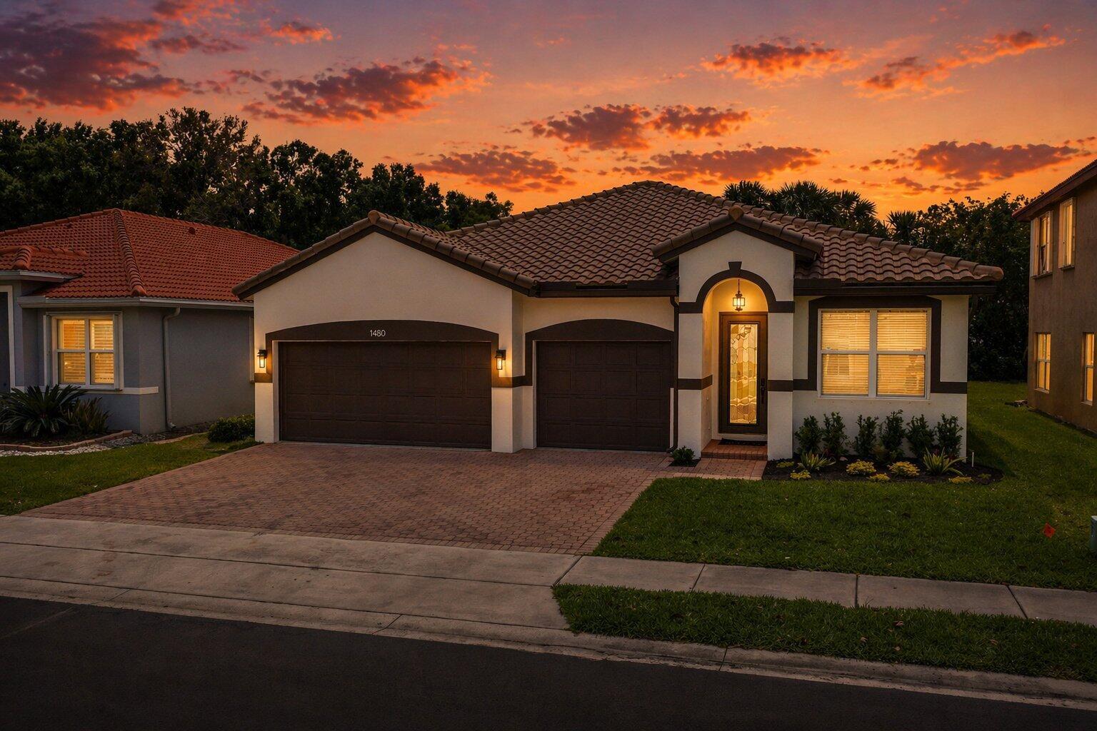 A single-story house with a brown tile roof, two-car garage, and brick paver driveway at sunset — 1480 Artimino Lane, Boynton Beach FL 33436, BOYNTON BEACH, FL