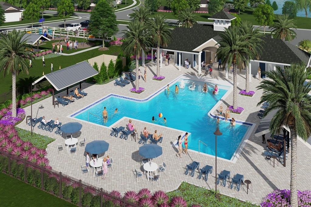 This is a rendering of a community swimming pool area with lounge chairs and a clubhouse — 49 SOMERSET AVENUE, PALM COAST, FL