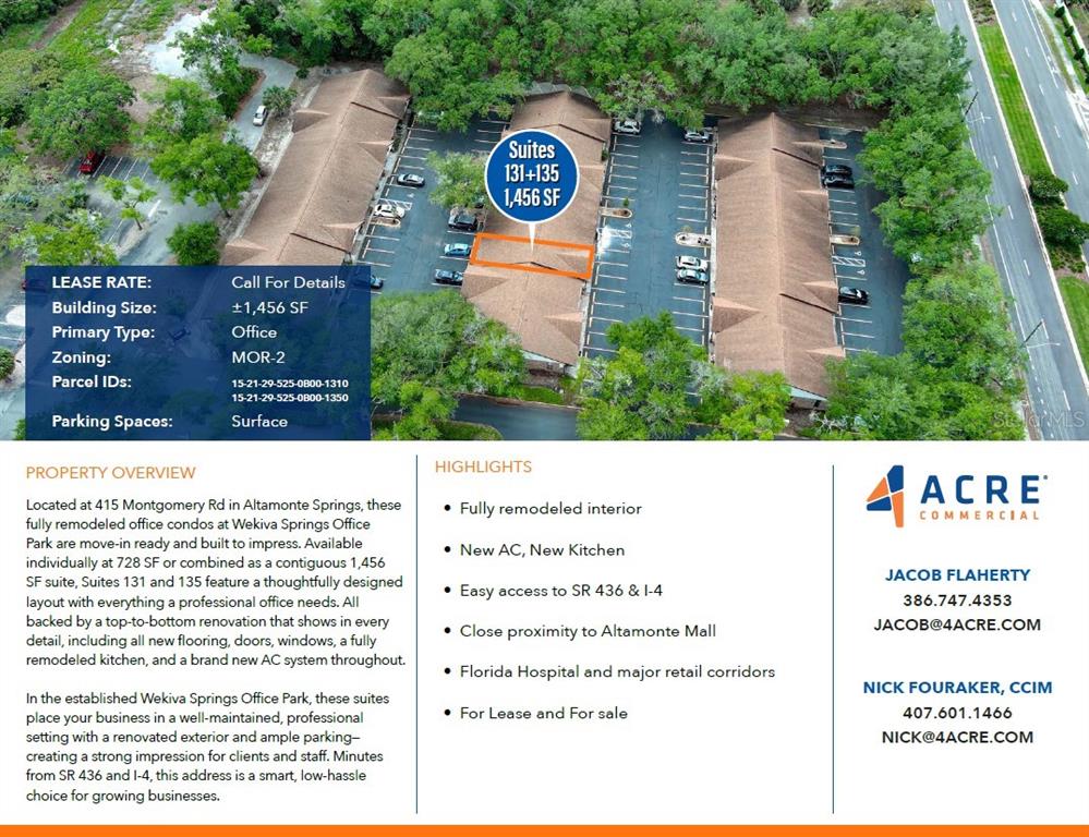 An aerial view shows a commercial office building with a highlighted roof section — 415 MONTGOMERY ROAD, ALTAMONTE SPRINGS, FL