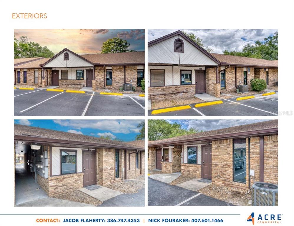 Four exterior views of a single-story brick commercial office building with brown trim and parking — 415 MONTGOMERY ROAD, ALTAMONTE SPRINGS, FL