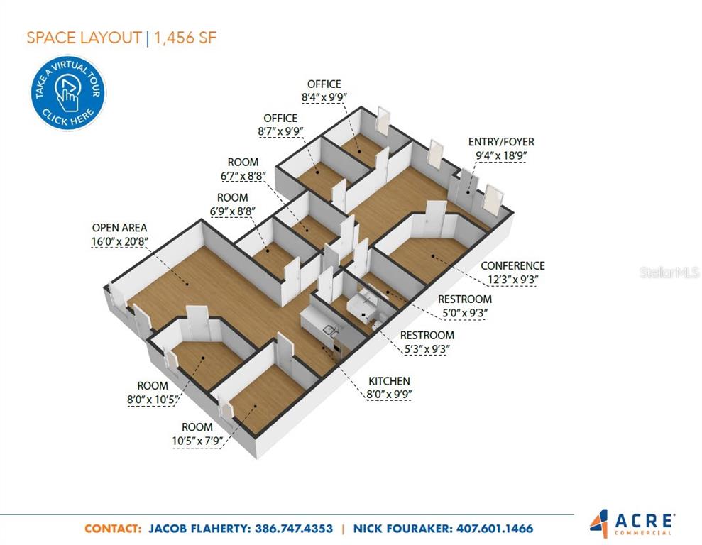 This is a 3D floor plan rendering of a 1,456-square-foot office space with multiple rooms — 415 MONTGOMERY ROAD, ALTAMONTE SPRINGS, FL