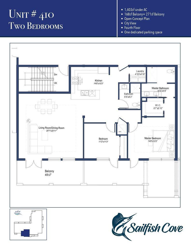This is a floor plan for a two-bedroom apartment unit with a balcony and laundry room — 41 SW Seminole Street # 410, Stuart FL 34994, STUART, FL