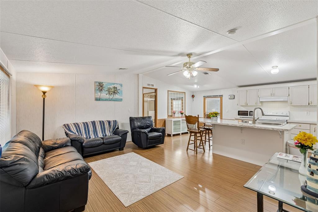An open-concept living room and kitchen featuring wood-look flooring, white cabinetry, and leather furniture — 10654 HOLGATE STREET, NEW PORT RICHEY, FL