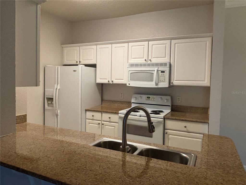 A kitchen features white cabinets, granite countertops, a double sink, and white appliances — 417 SOUTHERN PECAN CIRCLE UNIT 207, WINTER GARDEN, FL