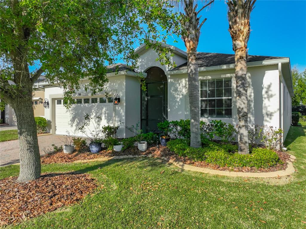 A single-story house with a white stucco exterior, a two-car garage, and palm trees — 4052 SERENA LANE, CLERMONT, FL