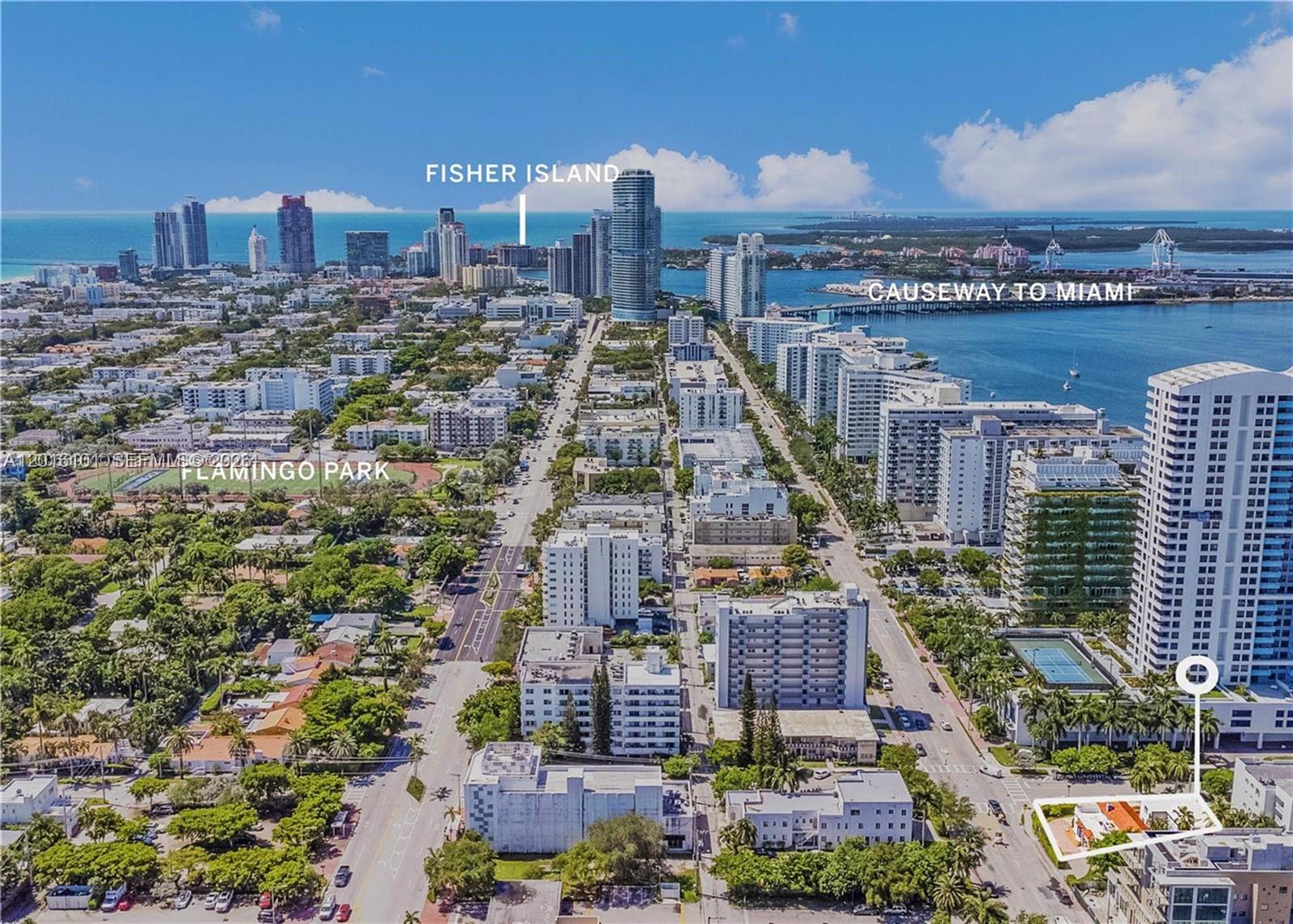 This aerial view shows a residential neighborhood in Miami with a highlighted property — 1400 West Ave, Miami Beach FL 33139, MIAMI BEACH, FL