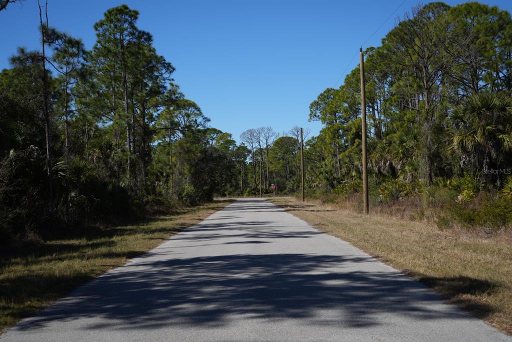 A paved road stretches through a wooded area toward a distant stop sign — 13101 RANKIN AVENUE, PORT CHARLOTTE, FL