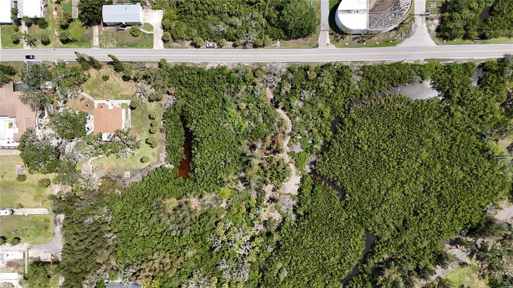 An aerial view shows a wooded lot with a small pond and nearby residential houses — MAIN STREET, NEW PORT RICHEY, FL