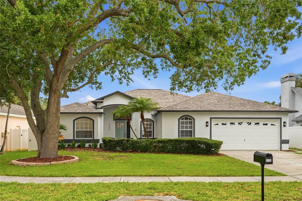 A single-story house with a white stucco exterior, a two-car garage, and a large tree — 9238 SEA OAKS COURT, SEMINOLE, FL