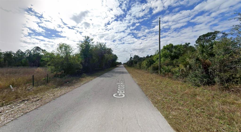A paved road stretches through a rural area with trees and brush on both sides — 329 GENOA AVENUE S, LEHIGH ACRES, FL