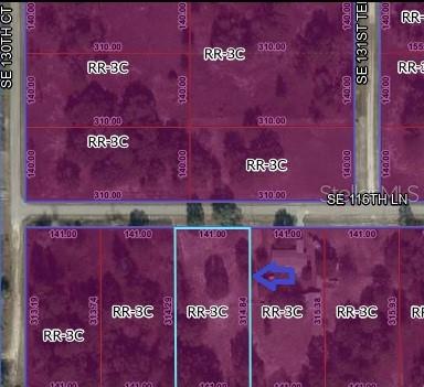 This is a map showing several rectangular land parcels zoned as RR-3C — 00 SE 116TH LANE, DUNNELLON, FL