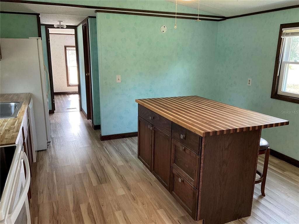 A kitchen features a wooden butcher block island, light wood-look flooring, and light blue walls — 18057 SE 20TH PLACE, SILVER SPRINGS, FL