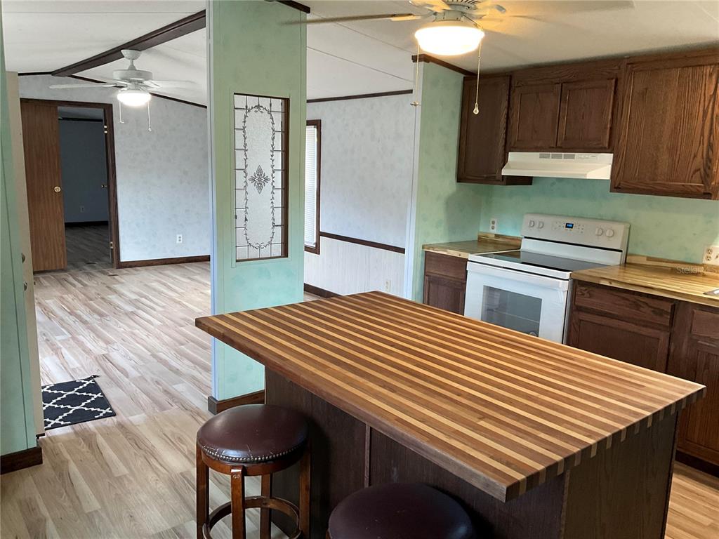 A kitchen with a butcher block island, dark wood cabinets, and light wood-look flooring — 18057 SE 20TH PLACE, SILVER SPRINGS, FL