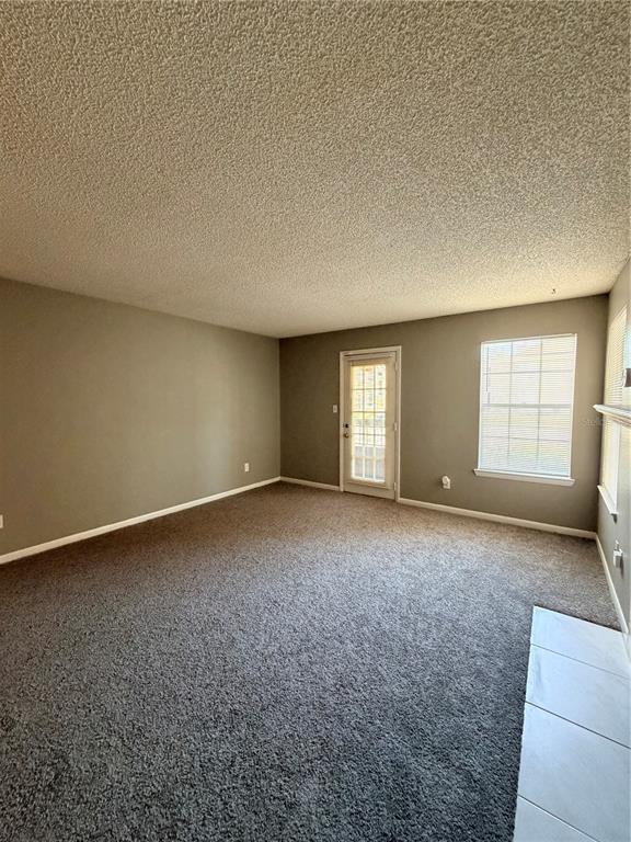An empty living room features gray carpet, beige walls, a textured ceiling, and a glass door — 4367 THORNBRIAR LANE UNIT 107, ORLANDO, FL