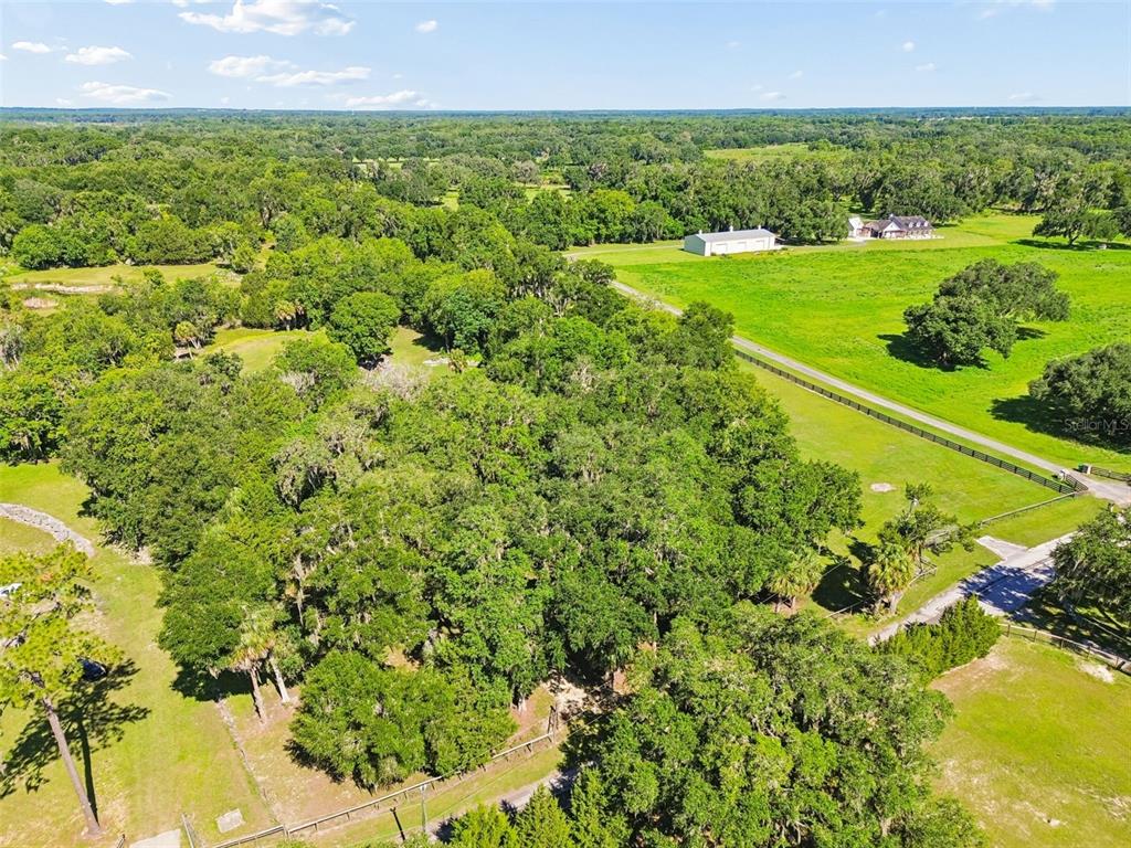 An aerial view shows a large, wooded property with a fenced pasture and nearby buildings — 8792 S STEED TERRACE, FLORAL CITY, FL