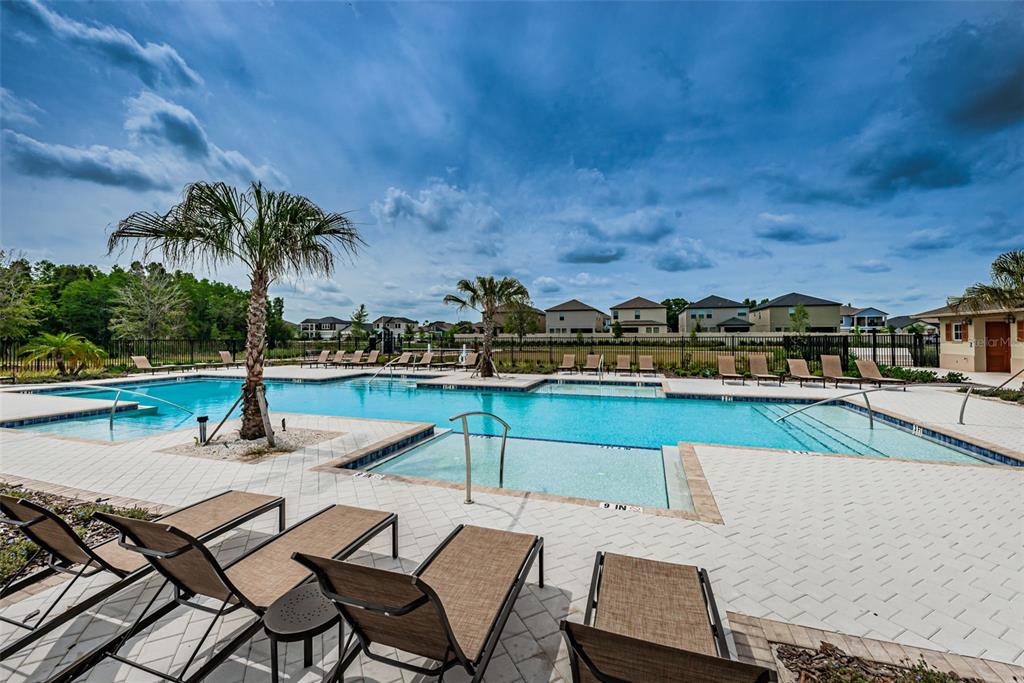 A community swimming pool with lounge chairs and palm trees under a cloudy sky — 8327 CRESCENT OAKS DRIVE, NEW PORT RICHEY, FL