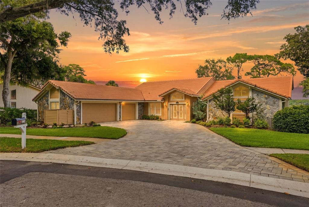 A single-story house with a stone facade, tile roof, and paved driveway at sunset — 3493 SHORELINE CIRCLE, PALM HARBOR, FL