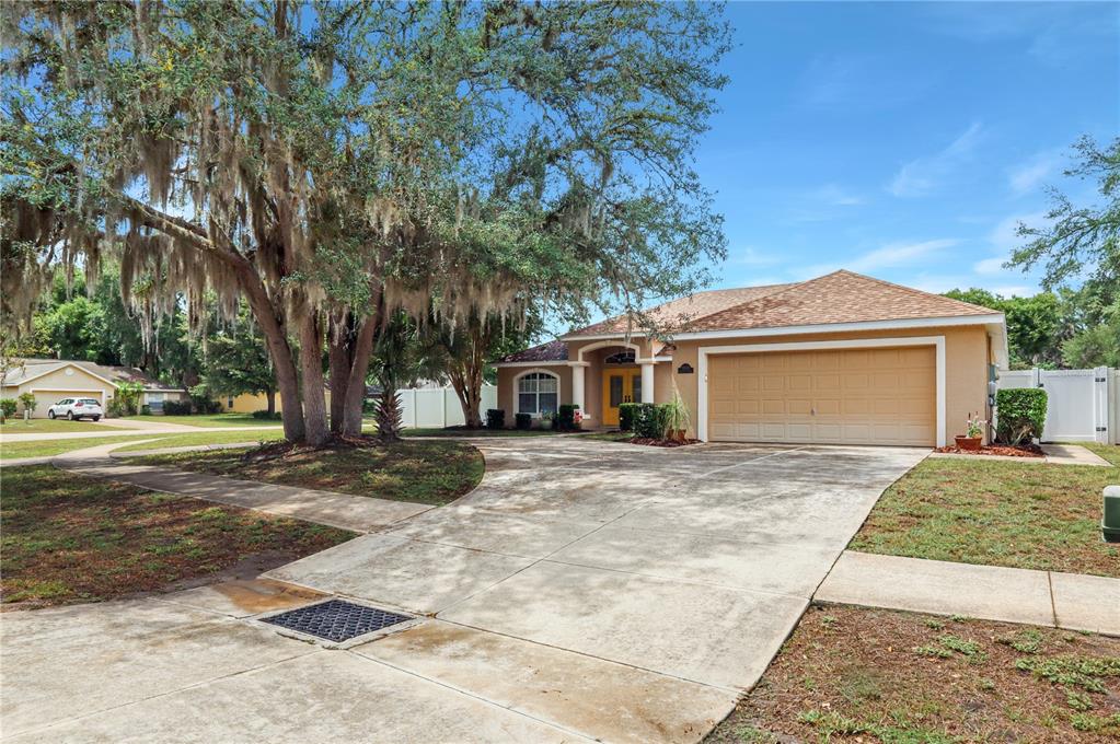 A single-story house with a tan exterior, a two-car garage, and a large oak tree — 34224 SHADEWOOD CIRCLE, LEESBURG, FL