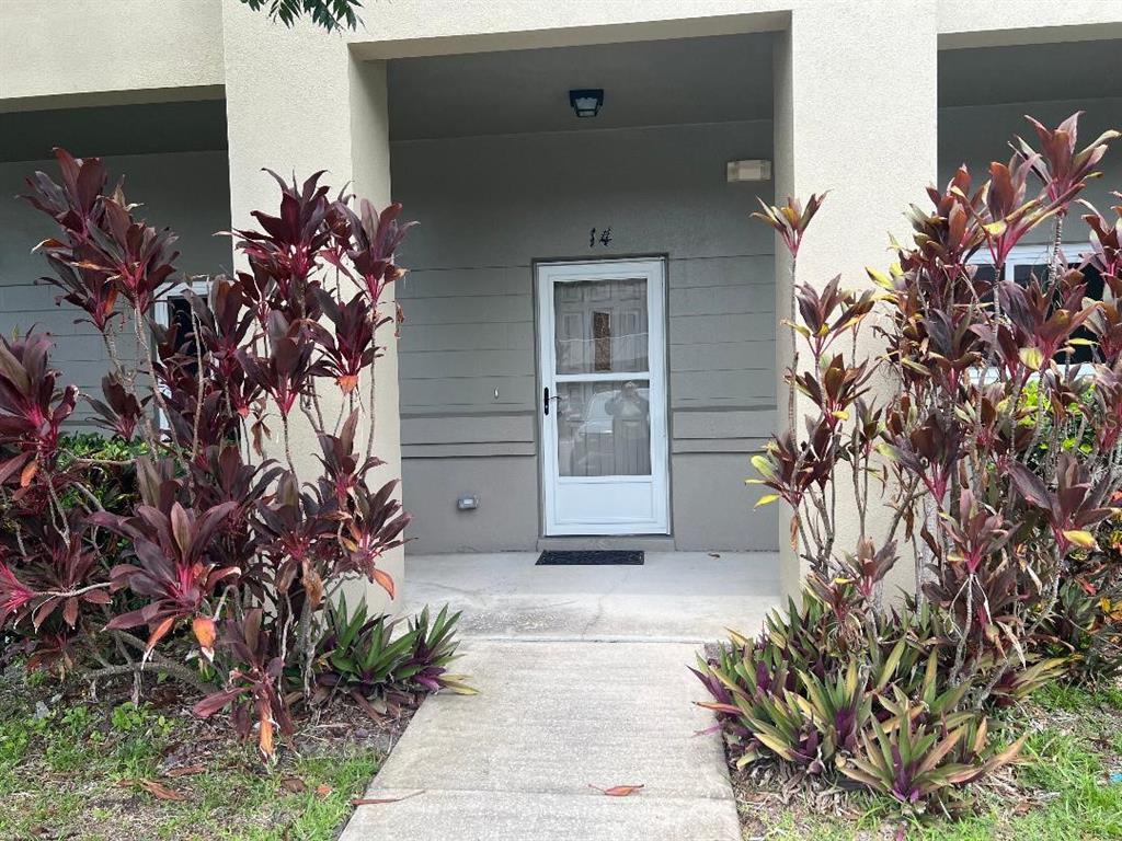 A concrete walkway leads to the front entrance of a building unit marked number 14 — 2294 BELGIAN LANE UNIT 14, CLEARWATER, FL