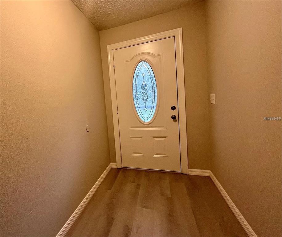 An entryway features light wood-look flooring, beige walls, and a white door with a glass insert — 3029 SLEEPY HILL ROAD, LAKELAND, FL