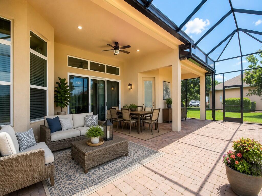 A covered patio with a screened enclosure, outdoor furniture, and a paved floor — 4405 65th Drive, Vero Beach FL 32967, VERO BEACH, FL